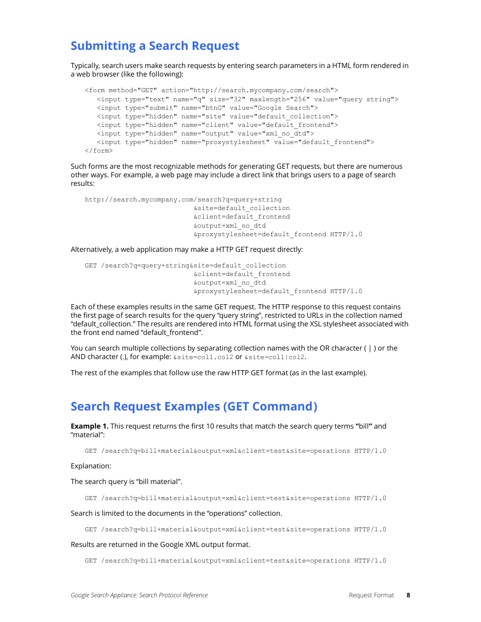 Submitting a search request, Search request examples (get command) | Google Search Appliance Protocol Reference User Manual | Page 8 / 116