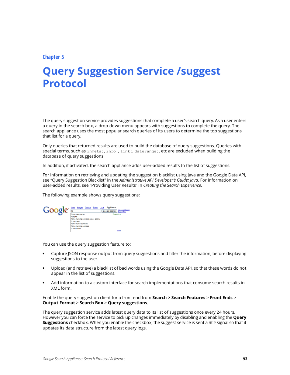 Query suggestion service /suggest protocol, Chapter 5 | Google Search Appliance Protocol Reference User Manual | Page 93 / 116