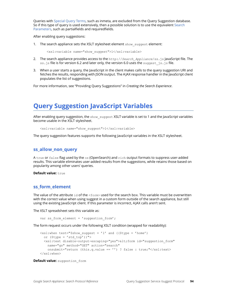 Query suggestion javascript variables, Ss_allow_non_query, Ss_form_element | Google Search Appliance Protocol Reference User Manual | Page 94 / 116