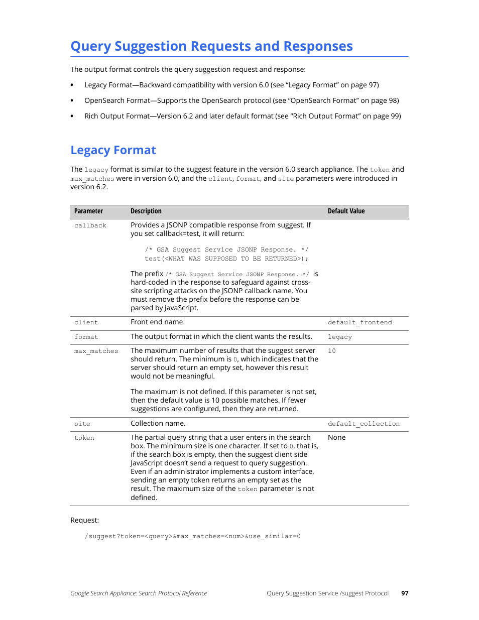 Query suggestion requests and responses, Legacy format | Google Search Appliance Protocol Reference User Manual | Page 97 / 116