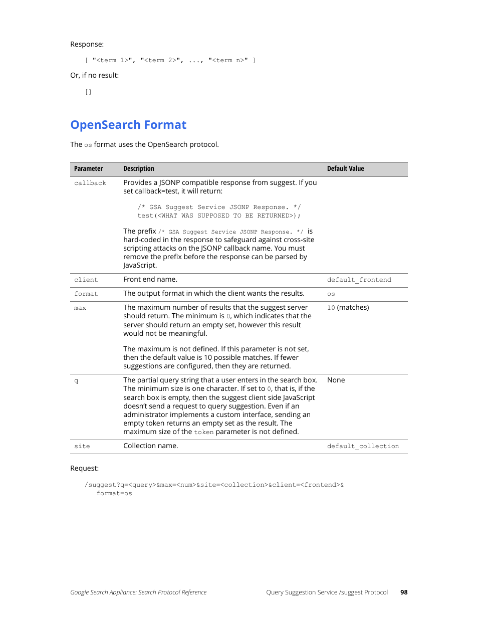 Opensearch format | Google Search Appliance Protocol Reference User Manual | Page 98 / 116