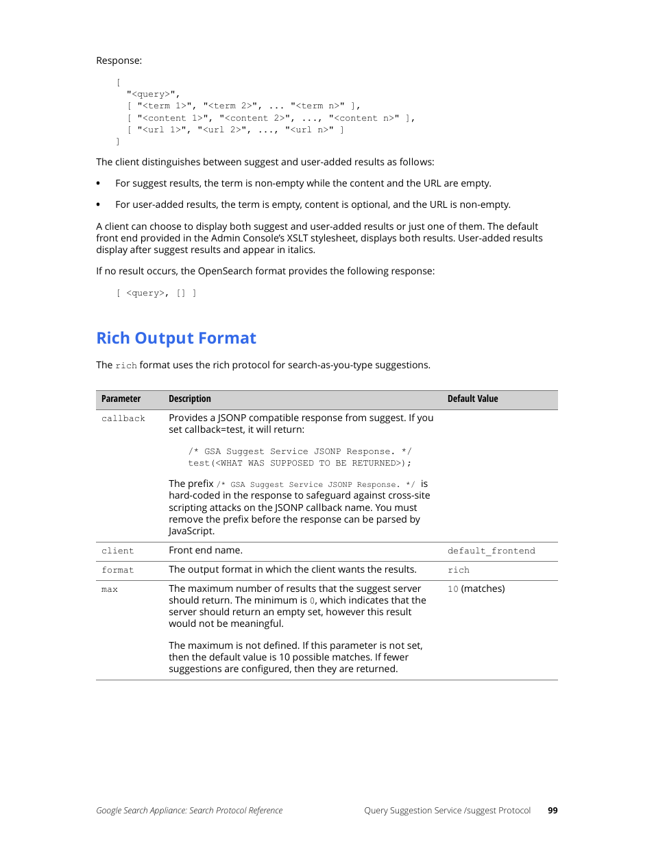 Rich output format | Google Search Appliance Protocol Reference User Manual | Page 99 / 116