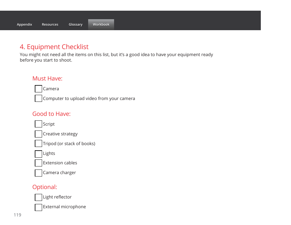 Equipment checklist, Must have, Good to have | Optional | Google GROW YOUR BUSINESS WITH YOUTUBE A Step-by-Step Guide User Manual | Page 119 / 122