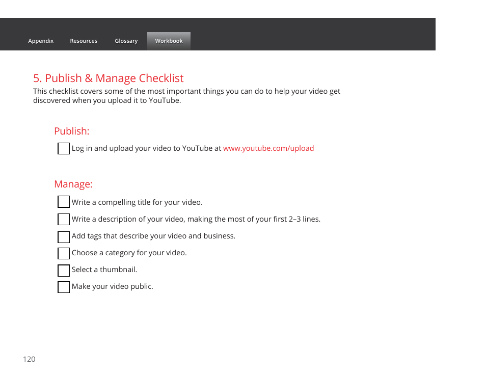 Publish & manage checklist, Publish, Manage | Google GROW YOUR BUSINESS WITH YOUTUBE A Step-by-Step Guide User Manual | Page 120 / 122