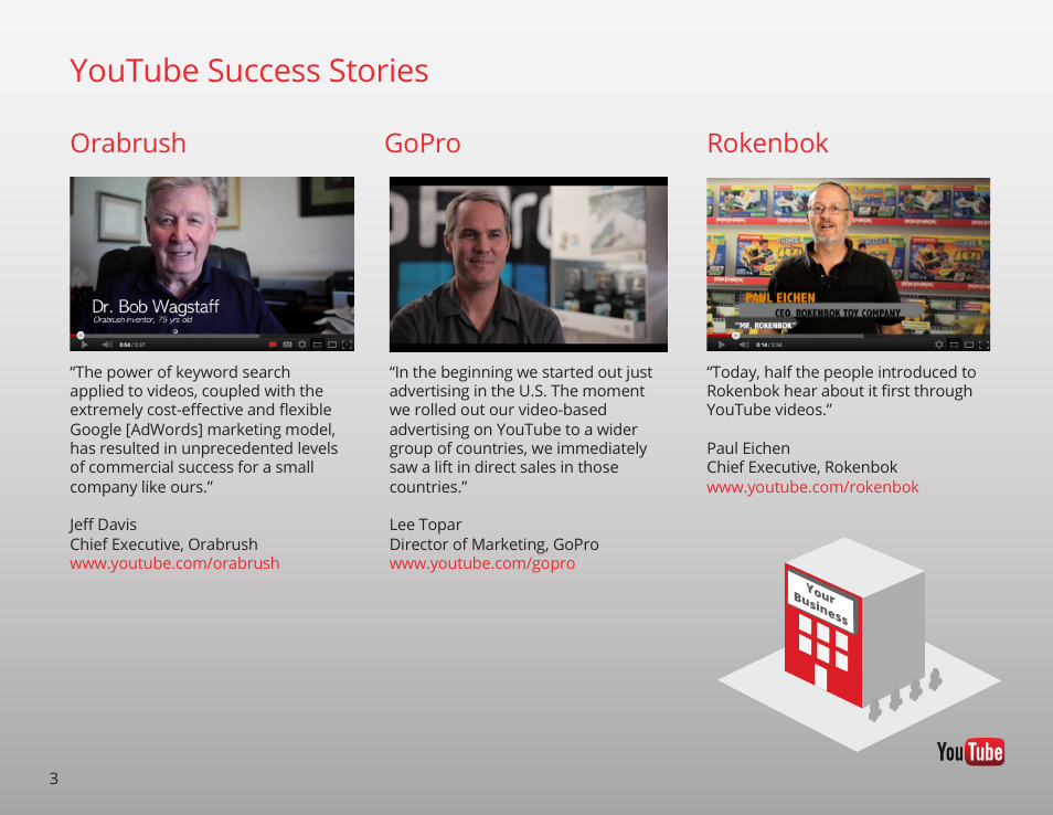 Youtube success stories, Rokenbok orabrush, Gopro | Google GROW YOUR BUSINESS WITH YOUTUBE A Step-by-Step Guide User Manual | Page 3 / 122