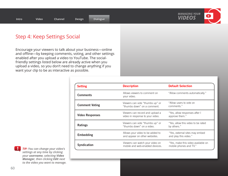 Videos, Step 4: keep settings social | Google GROW YOUR BUSINESS WITH YOUTUBE A Step-by-Step Guide User Manual | Page 60 / 122