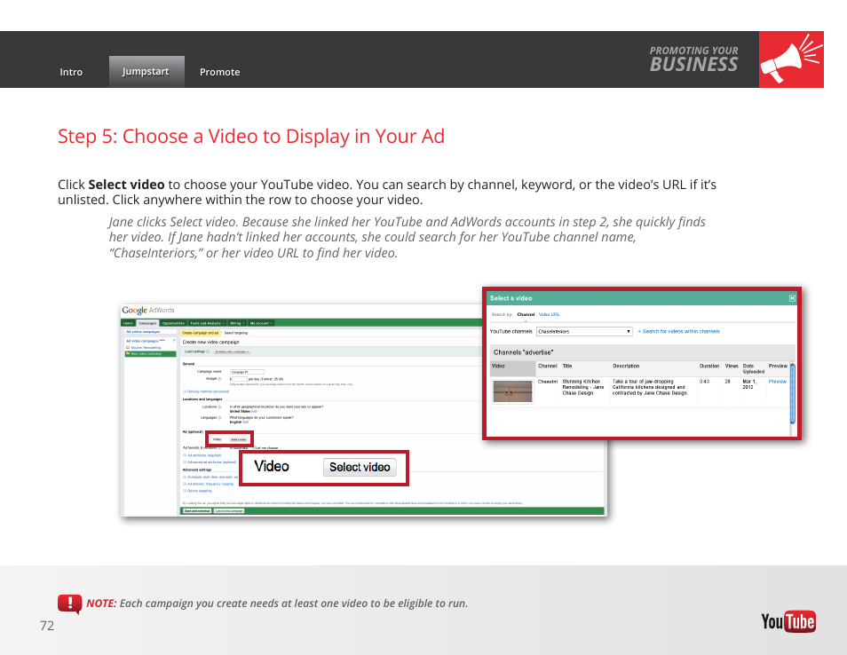 Business, Step 5: choose a video to display in your ad | Google GROW YOUR BUSINESS WITH YOUTUBE A Step-by-Step Guide User Manual | Page 72 / 122