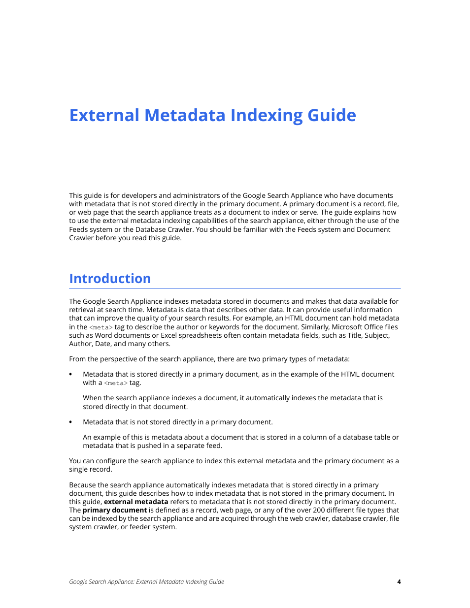 External metadata indexing guide, Introduction | Google Search Appliance External Metadata Indexing Guide User Manual | Page 4 / 12