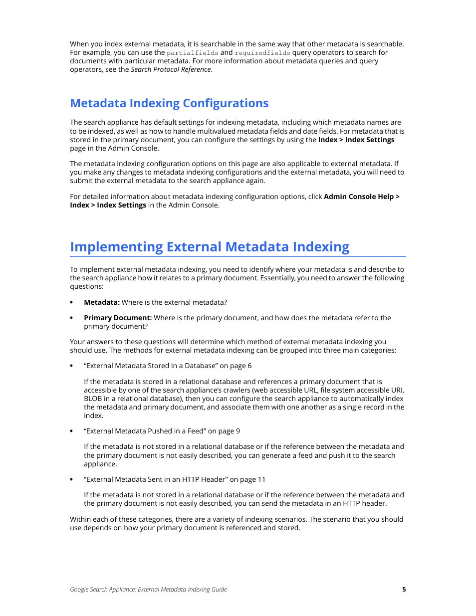 Metadata indexing configurations, Implementing external metadata indexing | Google Search Appliance External Metadata Indexing Guide User Manual | Page 5 / 12