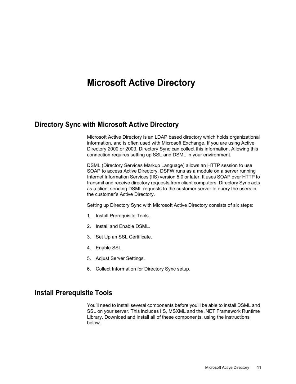 Microsoft active directory, Directory sync with microsoft active directory, Install prerequisite tools | Google Postini Directory Sync Configuration Guide User Manual | Page 11 / 66