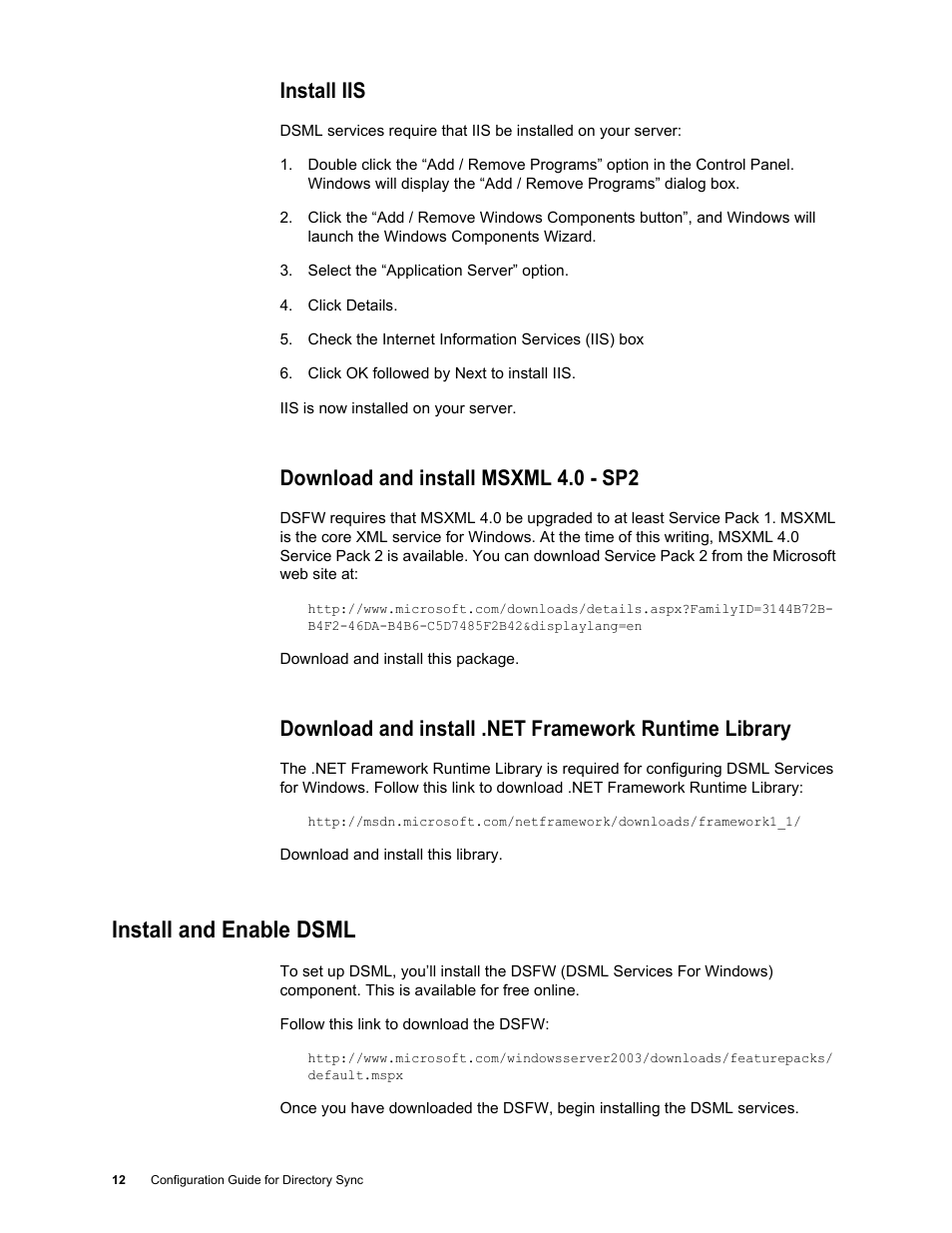 Install iis, Download and install msxml 4.0 - sp2, Install and enable dsml | Install and enable dsml 12 | Google Postini Directory Sync Configuration Guide User Manual | Page 12 / 66