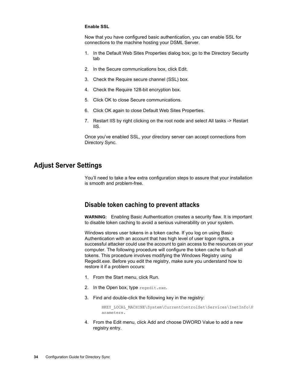 Adjust server settings, Disable token caching to prevent attacks, Adjust server settings 34 | Disable token caching to prevent attacks 34 | Google Postini Directory Sync Configuration Guide User Manual | Page 34 / 66