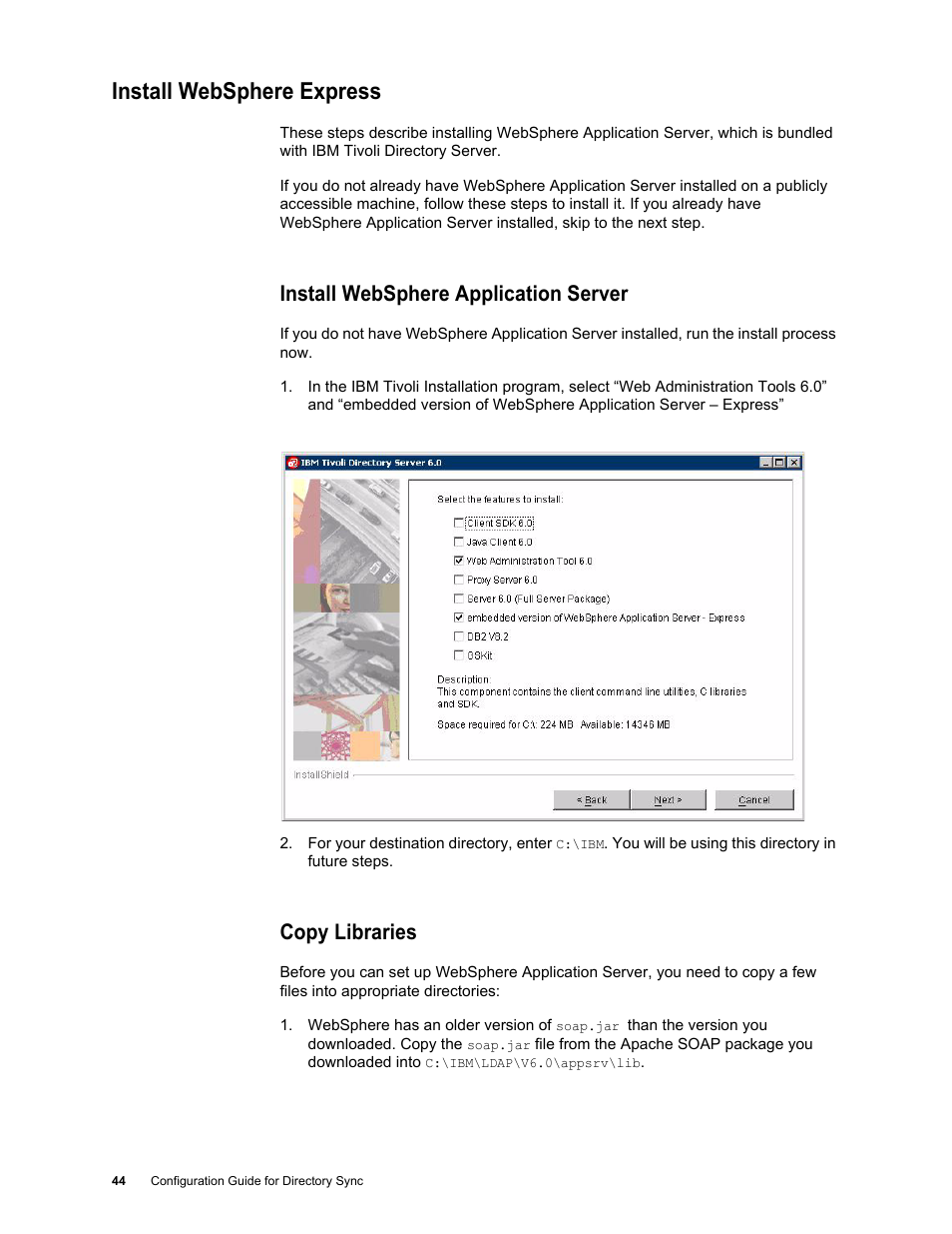 Install websphere express, Install websphere application server, Copy libraries | Install websphere express 44 | Google Postini Directory Sync Configuration Guide User Manual | Page 44 / 66