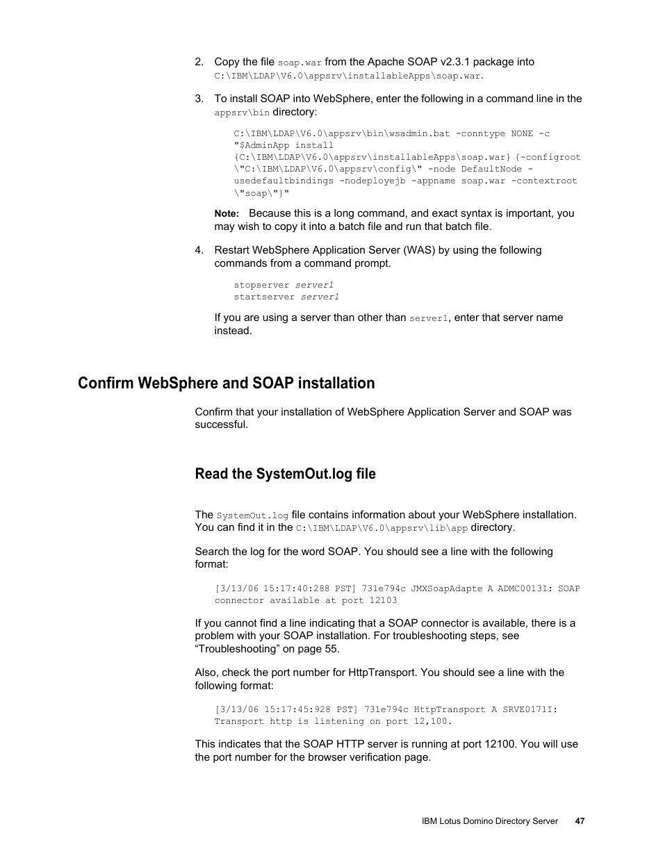 Confirm websphere and soap installation, Read the systemout.log file, Confirm websphere and soap installation 47 | Google Postini Directory Sync Configuration Guide User Manual | Page 47 / 66