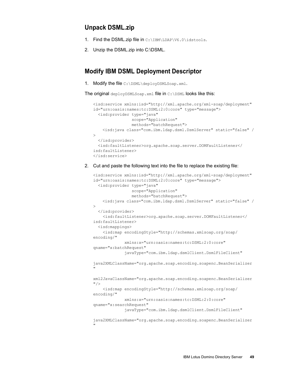 Unpack dsml.zip, Modify ibm dsml deployment descriptor | Google Postini Directory Sync Configuration Guide User Manual | Page 49 / 66