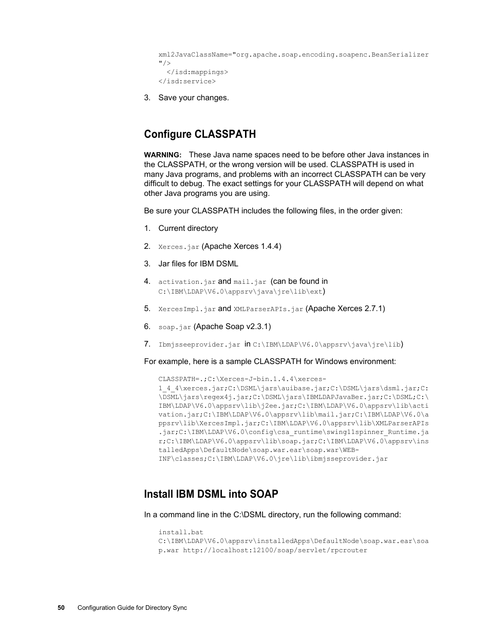 Configure classpath, Install ibm dsml into soap | Google Postini Directory Sync Configuration Guide User Manual | Page 50 / 66