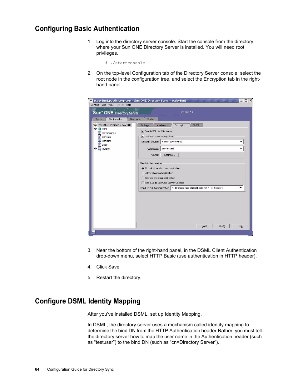 Configuring basic authentication, Configure dsml identity mapping | Google Postini Directory Sync Configuration Guide User Manual | Page 64 / 66