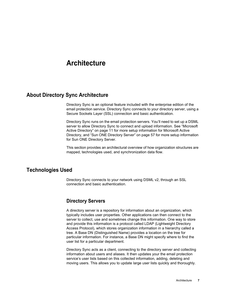 Architecture, About directory sync architecture, Technologies used | Directory servers, Directory servers 7 | Google Postini Directory Sync Configuration Guide User Manual | Page 7 / 66