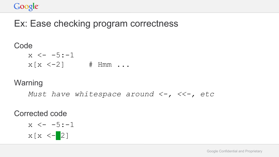 Ex: ease checking program correctness | Google RLint: Reformatting R Code to Follow the Google Style Guide User Manual | Page 12 / 19