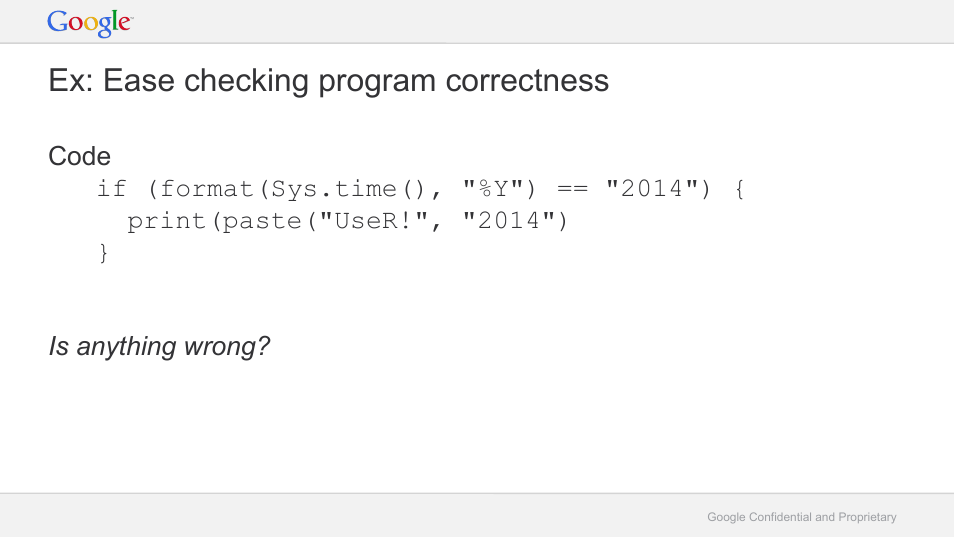 Ex: ease checking program correctness | Google RLint: Reformatting R Code to Follow the Google Style Guide User Manual | Page 13 / 19