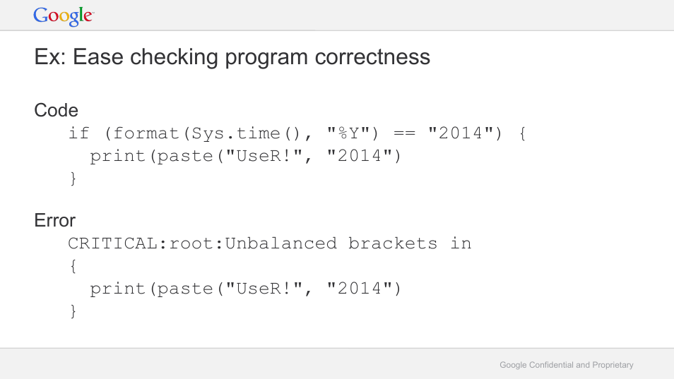 Ex: ease checking program correctness | Google RLint: Reformatting R Code to Follow the Google Style Guide User Manual | Page 14 / 19