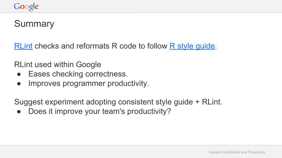 Summary | Google RLint: Reformatting R Code to Follow the Google Style Guide User Manual | Page 17 / 19