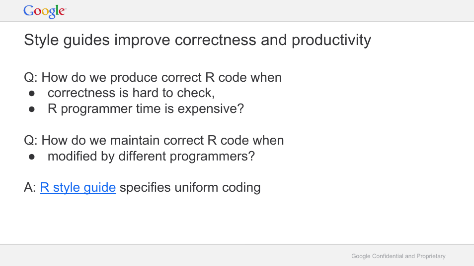 Style guides improve correctness and productivity | Google RLint: Reformatting R Code to Follow the Google Style Guide User Manual | Page 5 / 19