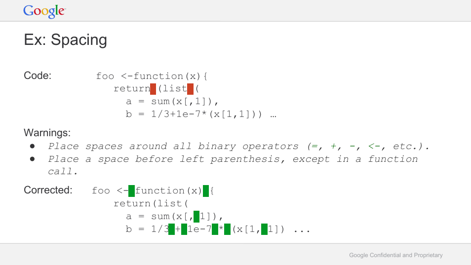 Ex: spacing | Google RLint: Reformatting R Code to Follow the Google Style Guide User Manual | Page 8 / 19