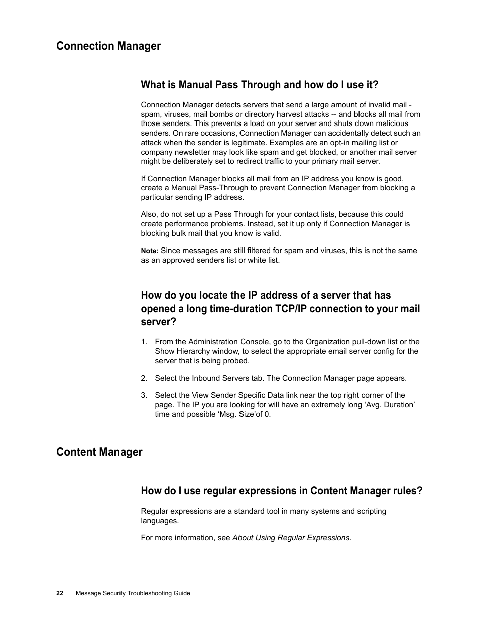 Connection manager, What is manual pass through and how do i use it, Content manager | Connection manager 22 content manager 22 | Google Message Security Troubleshooting Guide User Manual | Page 21 / 66