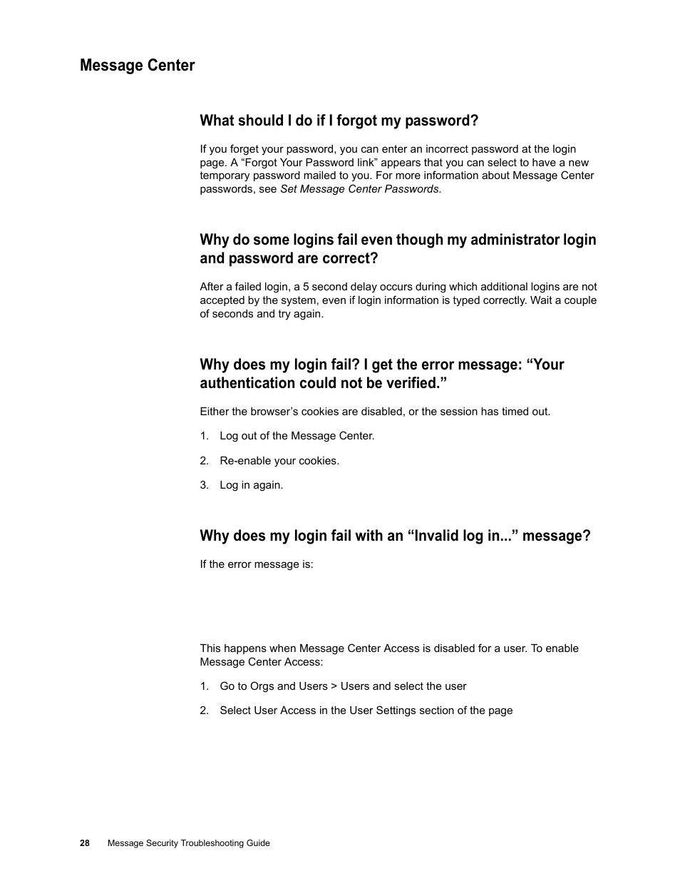 Message center, What should i do if i forgot my password, Message center 28 | Google Message Security Troubleshooting Guide User Manual | Page 27 / 66