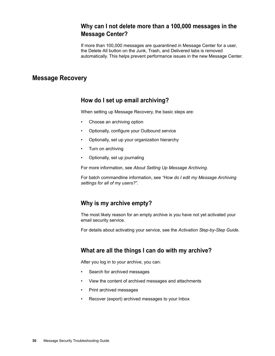 Message recovery, How do i set up email archiving, Why is my archive empty | What are all the things i can do with my archive, Message recovery 30 | Google Message Security Troubleshooting Guide User Manual | Page 29 / 66