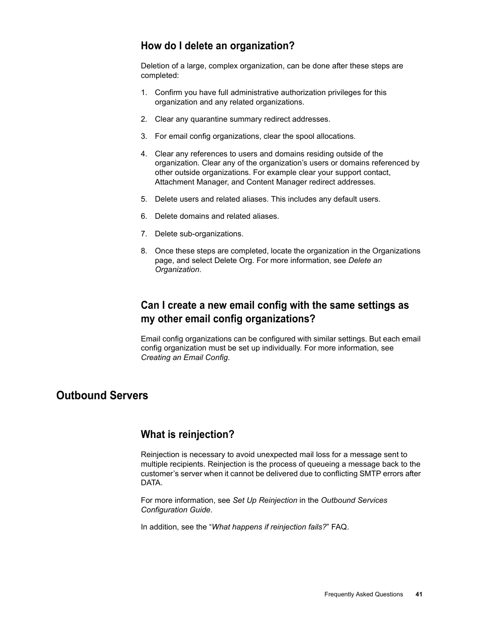 How do i delete an organization, Outbound servers, What is reinjection | Outbound servers 41 | Google Message Security Troubleshooting Guide User Manual | Page 40 / 66