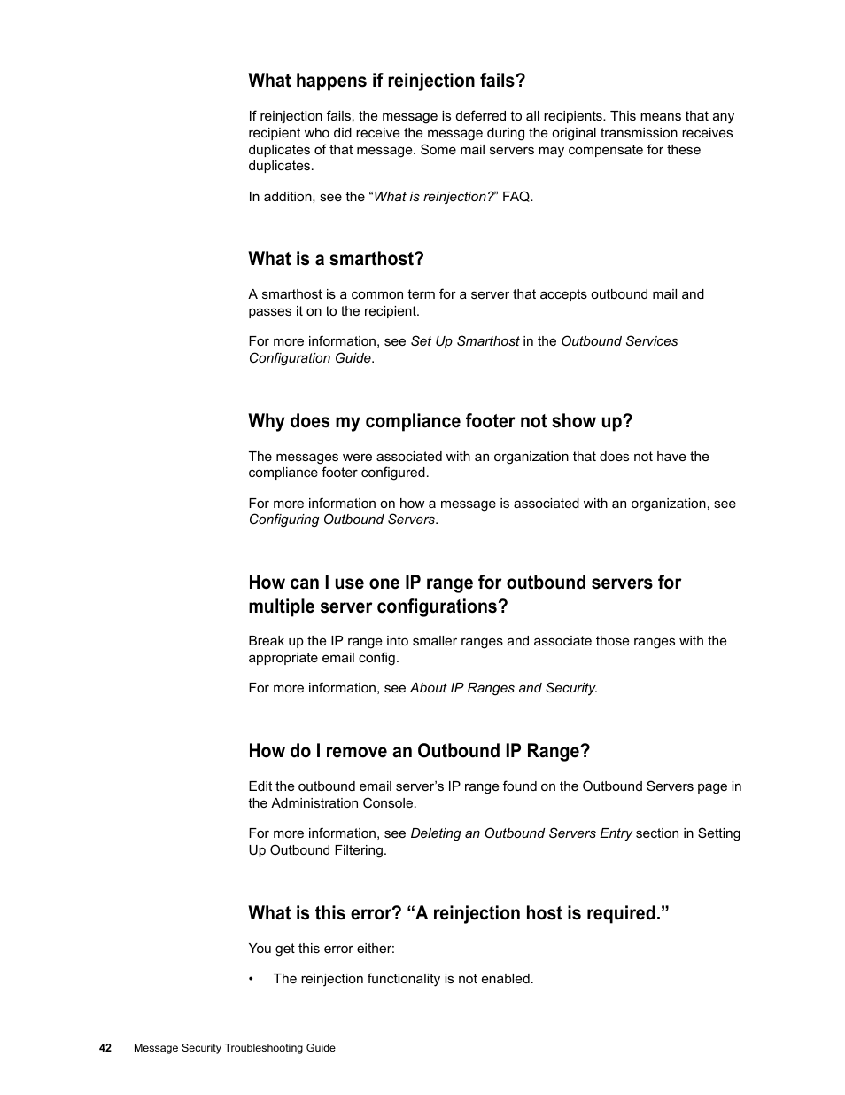 What happens if reinjection fails, What is a smarthost, Why does my compliance footer not show up | How do i remove an outbound ip range | Google Message Security Troubleshooting Guide User Manual | Page 41 / 66