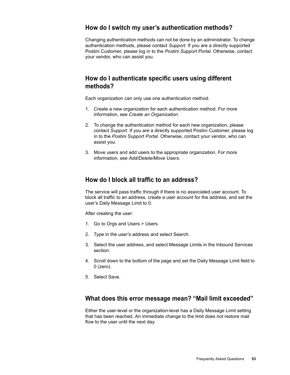 How do i switch my user’s authentication methods, How do i block all traffic to an address | Google Message Security Troubleshooting Guide User Manual | Page 52 / 66