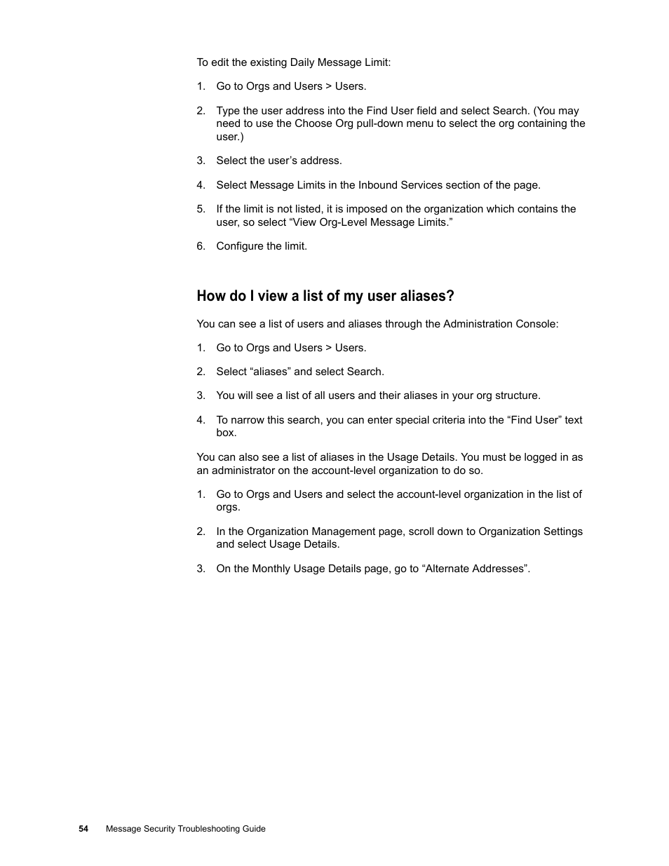 How do i view a list of my user aliases | Google Message Security Troubleshooting Guide User Manual | Page 53 / 66