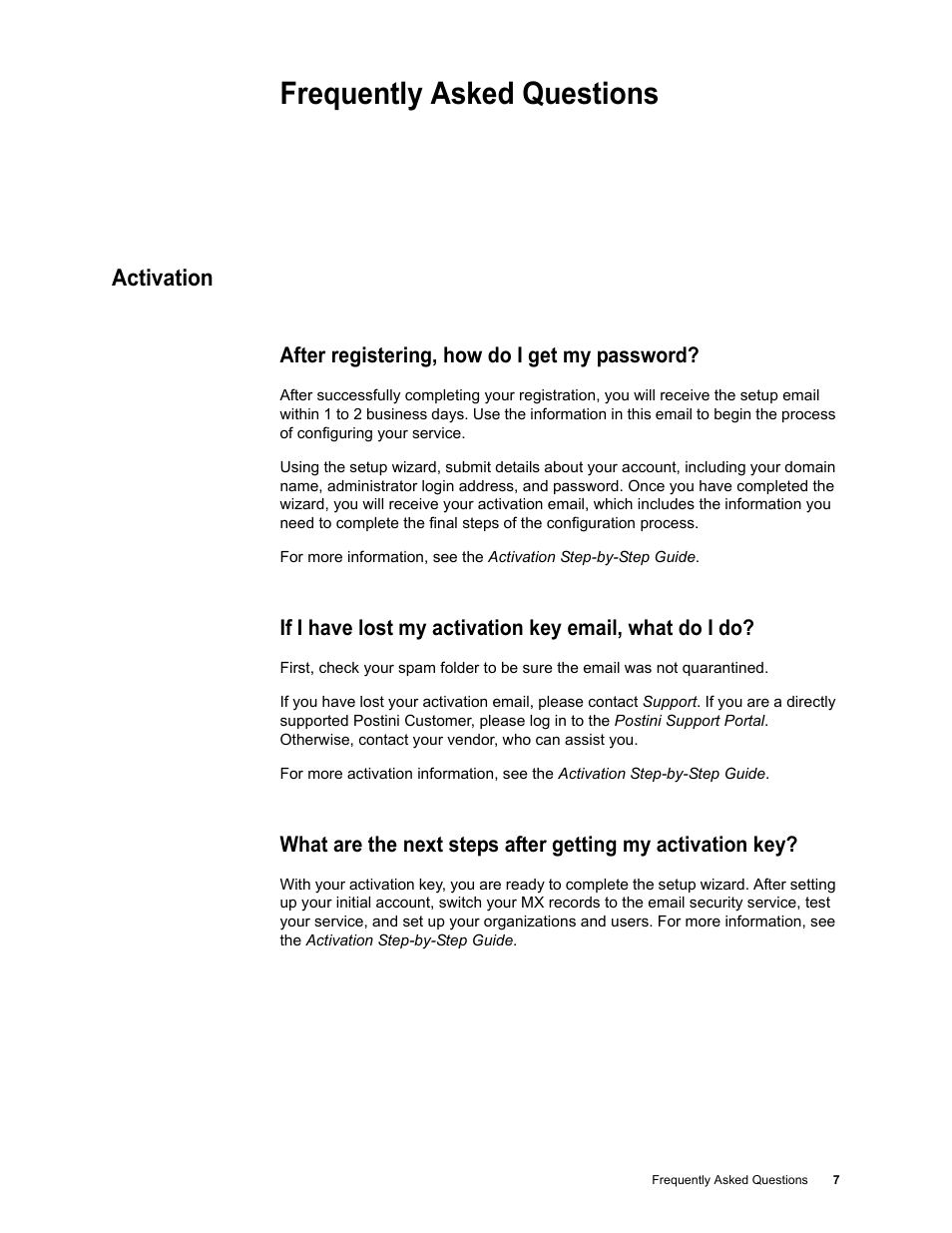 Frequently asked questions, Activation, After registering, how do i get my password | Google Message Security Troubleshooting Guide User Manual | Page 6 / 66