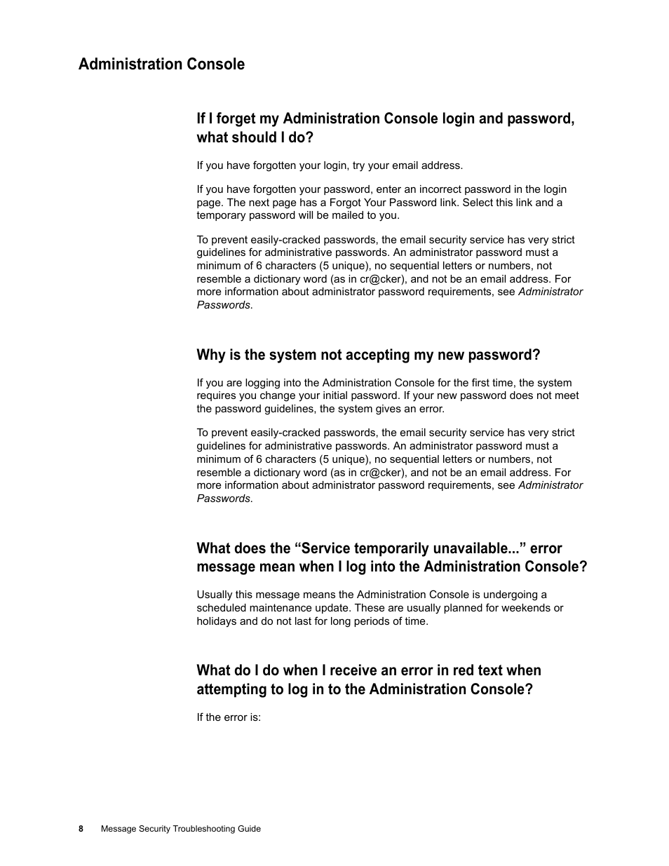 Administration console, Why is the system not accepting my new password, Administration console 8 | Google Message Security Troubleshooting Guide User Manual | Page 7 / 66