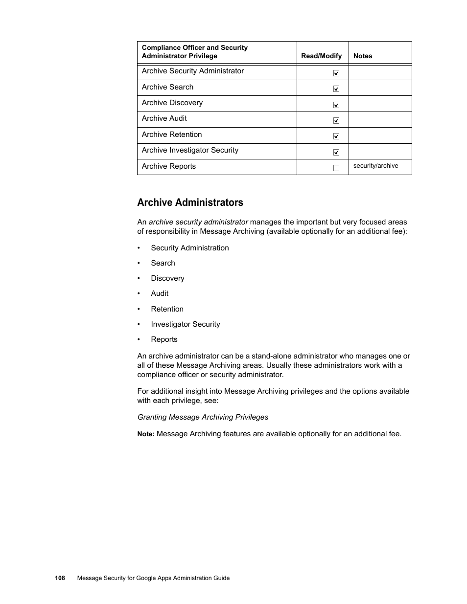 Archive administrators | Google Message Security for Google Apps Administration Guide User Manual | Page 108 / 418