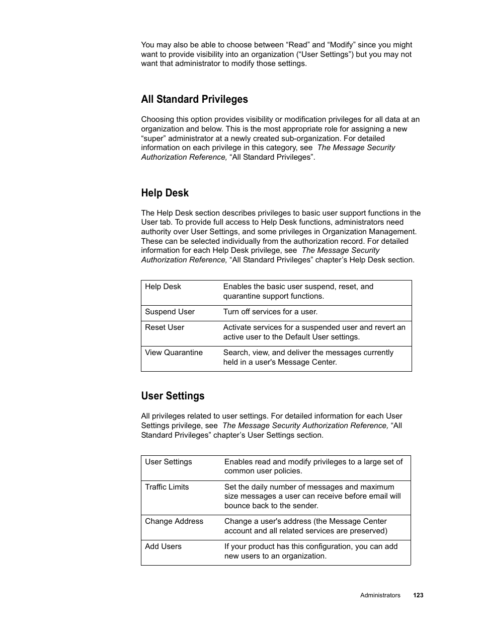 All standard privileges, Help desk, User settings | Google Message Security for Google Apps Administration Guide User Manual | Page 123 / 418