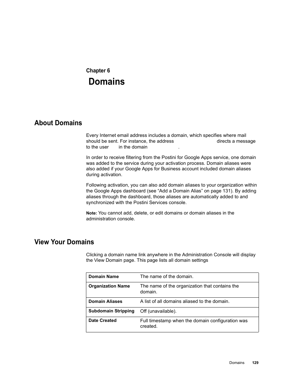 Domains, About domains, View your domains | Chapter 6: domains | Google Message Security for Google Apps Administration Guide User Manual | Page 129 / 418