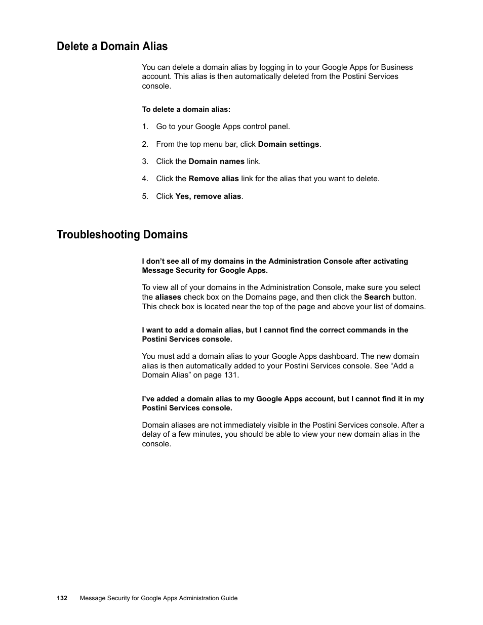 Delete a domain alias, Troubleshooting domains | Google Message Security for Google Apps Administration Guide User Manual | Page 132 / 418