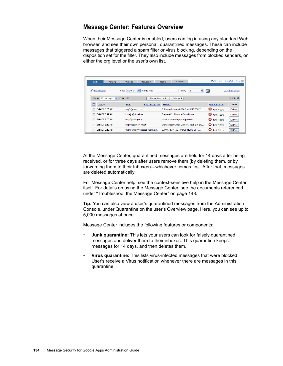 Message center: features overview | Google Message Security for Google Apps Administration Guide User Manual | Page 134 / 418