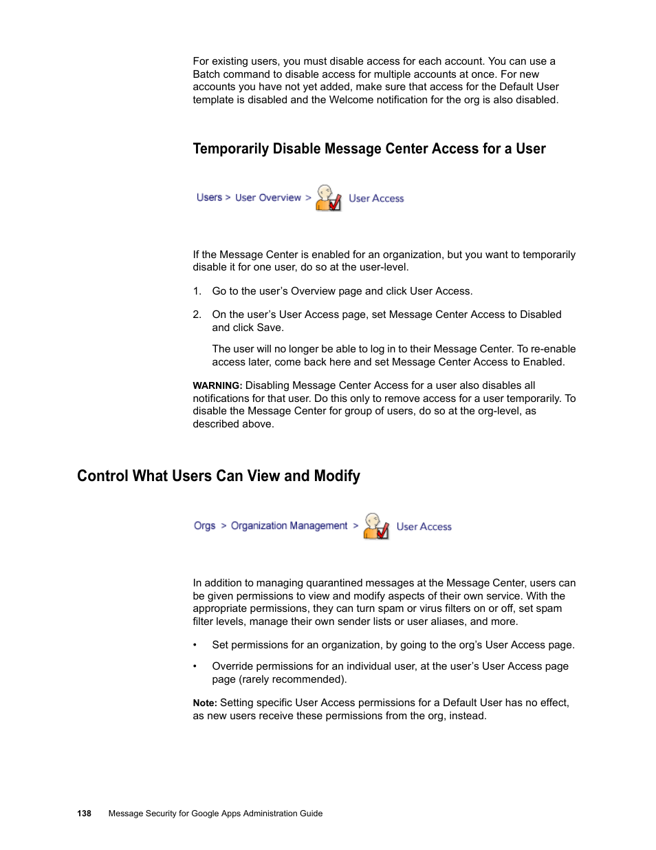 Control what users can view and modify | Google Message Security for Google Apps Administration Guide User Manual | Page 138 / 418