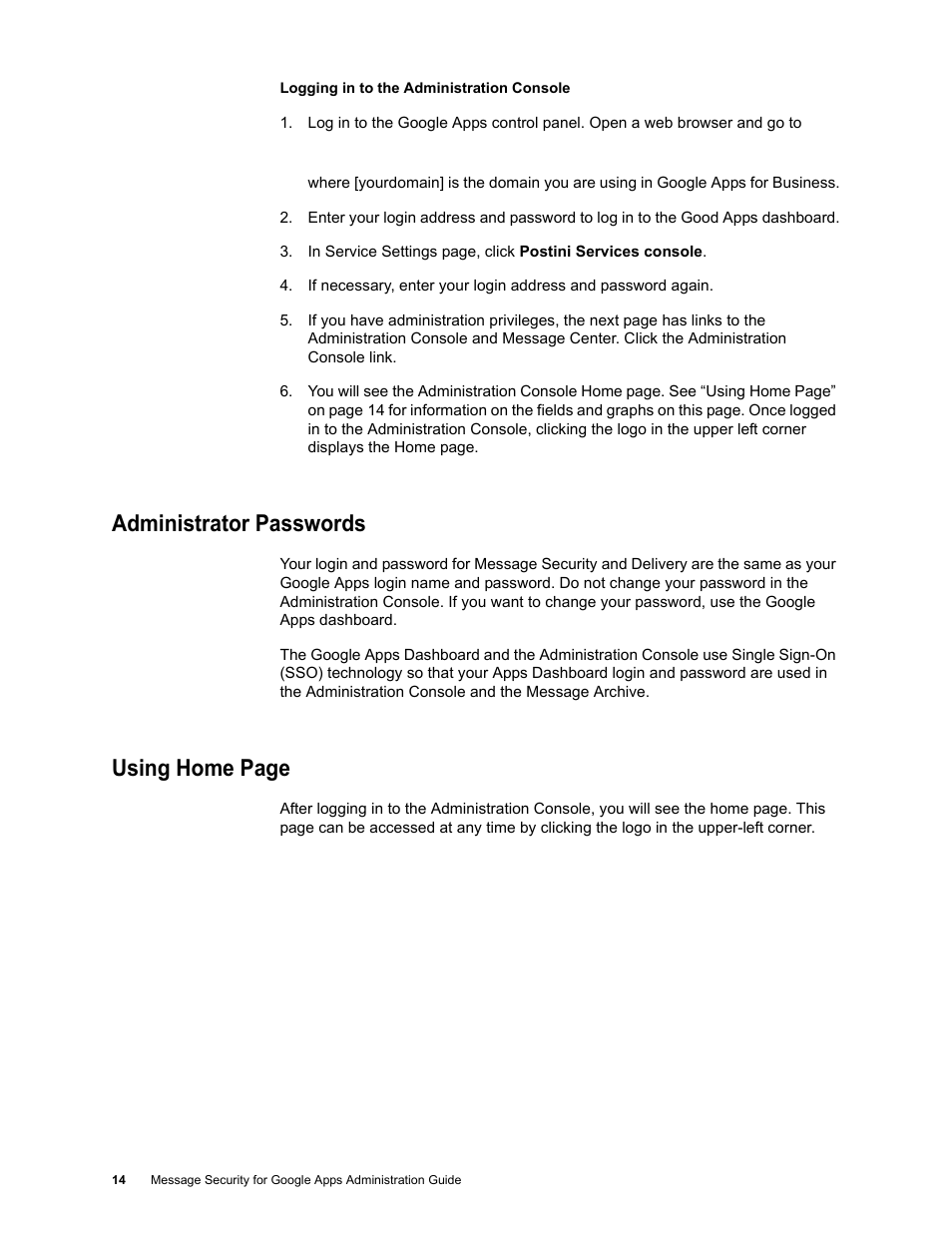 Administrator passwords, Using home page | Google Message Security for Google Apps Administration Guide User Manual | Page 14 / 418