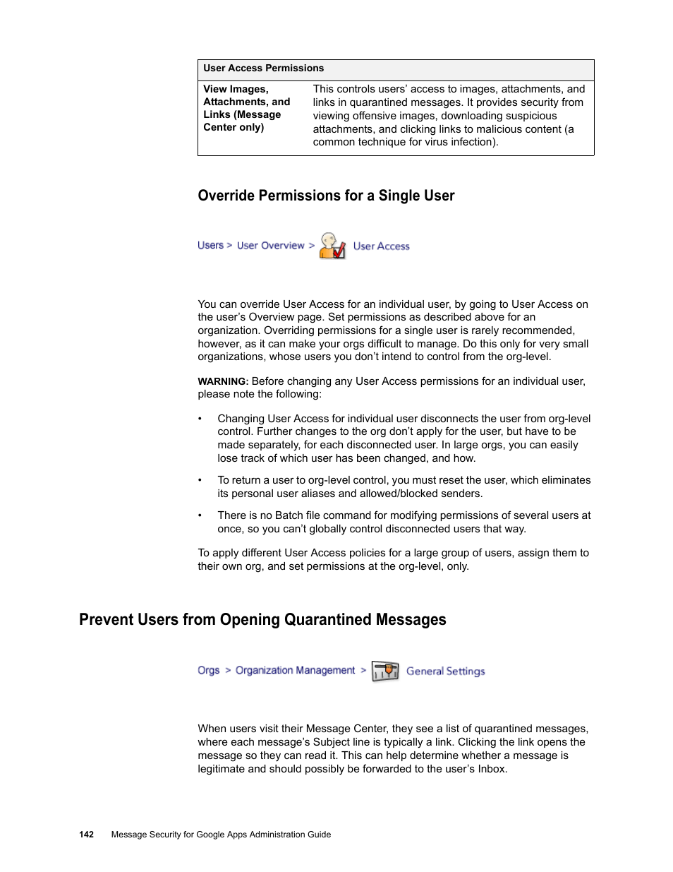 Override permissions for a single user, Prevent users from opening quarantined messages | Google Message Security for Google Apps Administration Guide User Manual | Page 142 / 418