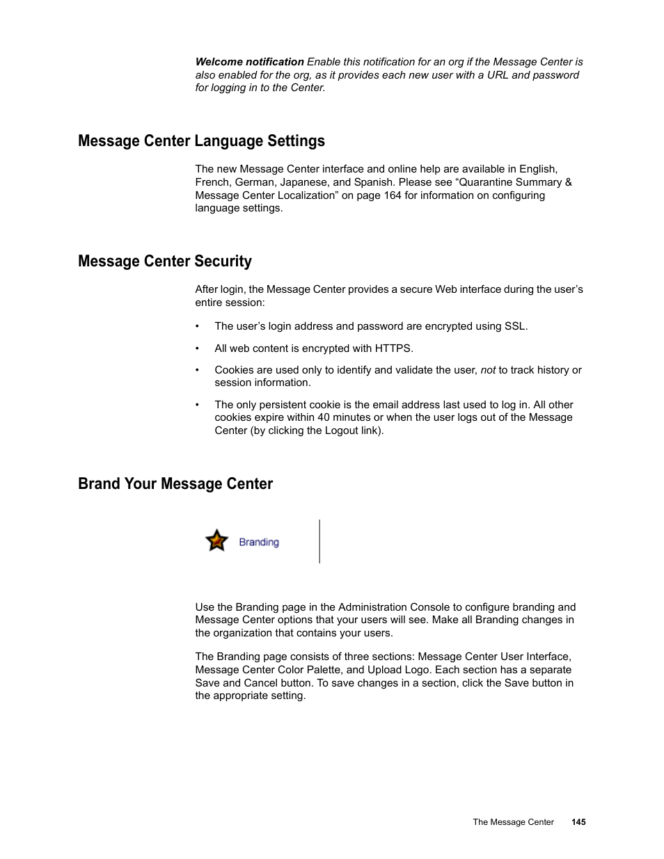 Message center language settings, Message center security, Brand your message center | Google Message Security for Google Apps Administration Guide User Manual | Page 145 / 418