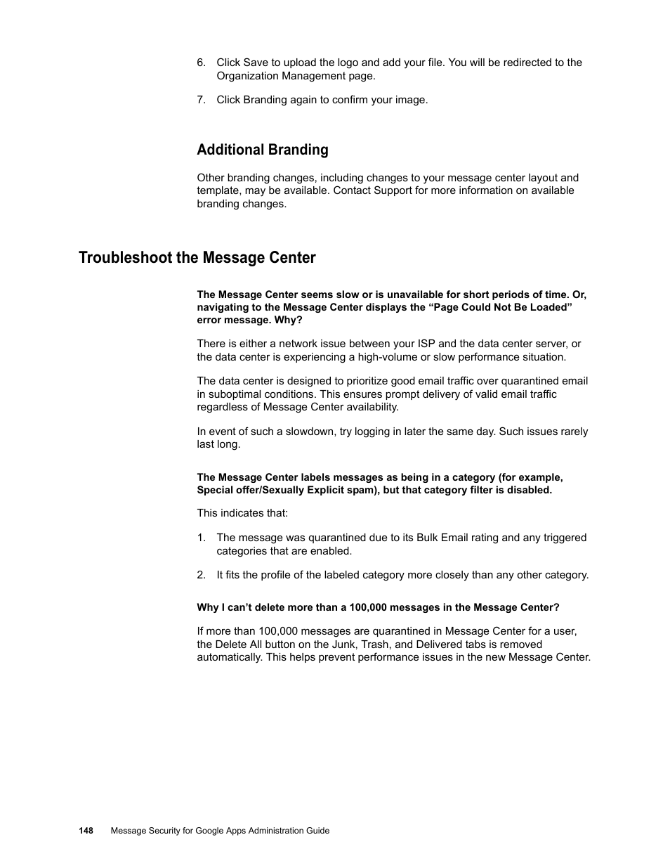Additional branding, Troubleshoot the message center | Google Message Security for Google Apps Administration Guide User Manual | Page 148 / 418