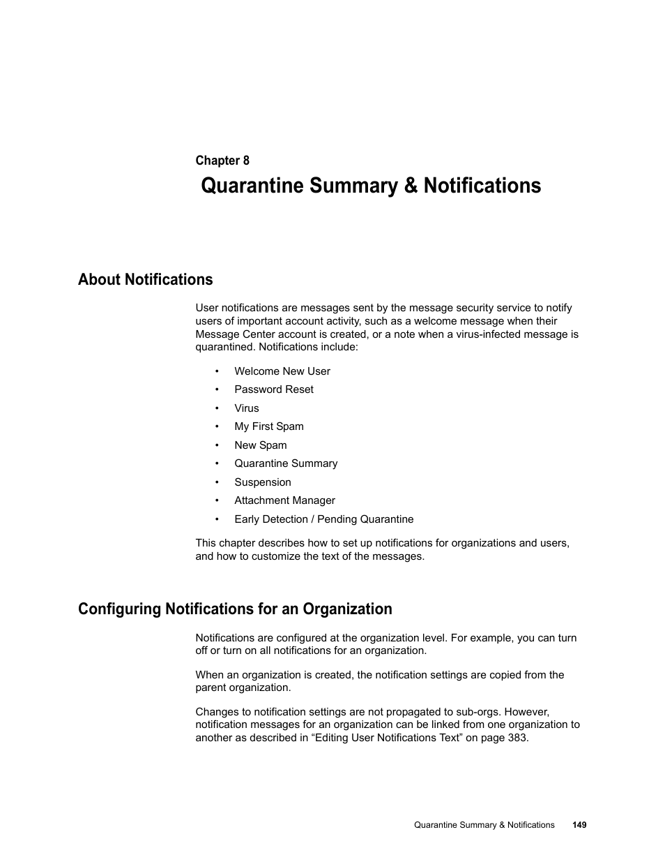 Quarantine summary & notifications, About notifications, Configuring notifications for an organization | Chapter 8: quarantine summary & notifications | Google Message Security for Google Apps Administration Guide User Manual | Page 149 / 418