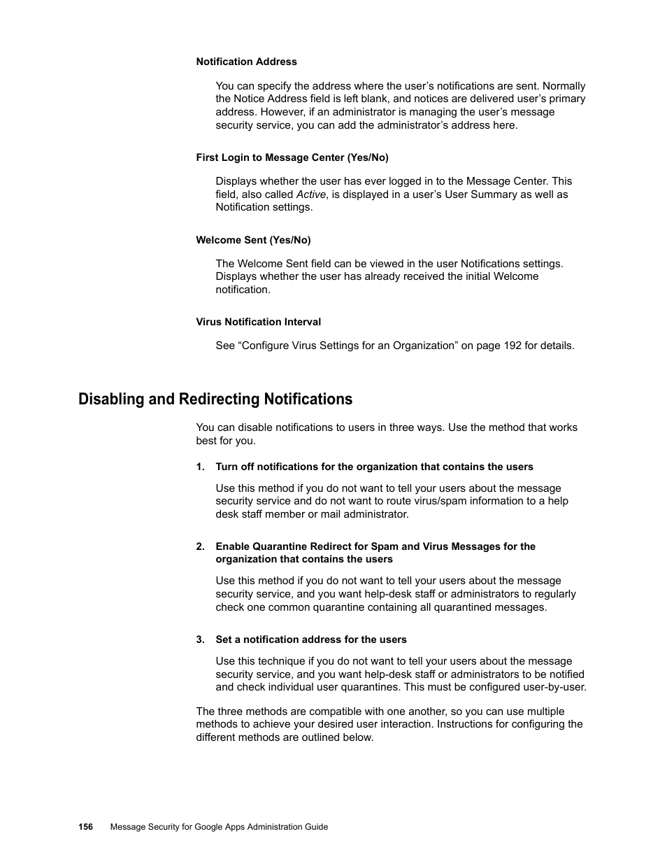Disabling and redirecting notifications | Google Message Security for Google Apps Administration Guide User Manual | Page 156 / 418