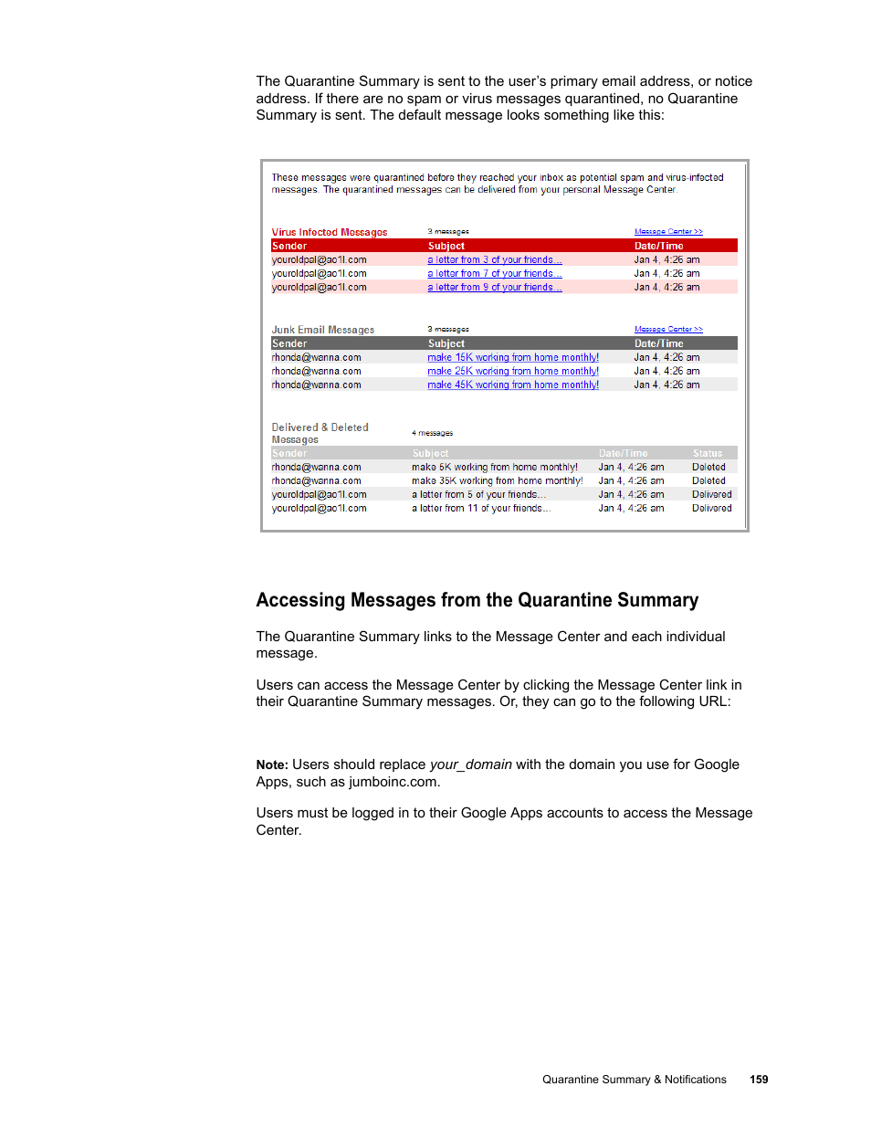 Accessing messages from the quarantine summary | Google Message Security for Google Apps Administration Guide User Manual | Page 159 / 418